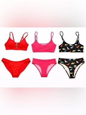 3 Bikini Bundle Set – Red, Pink Textured & Dinosaur Print | Mix & Match